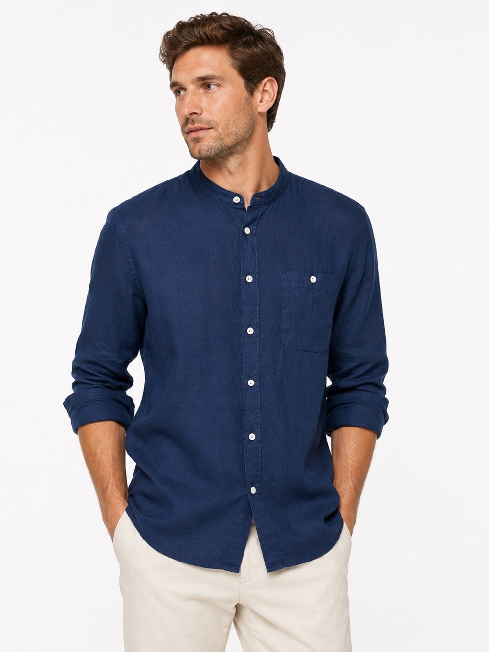 Goodfellow Navy Linen Cotton Blend Band Collar Button-Up Shirt Men’s Large